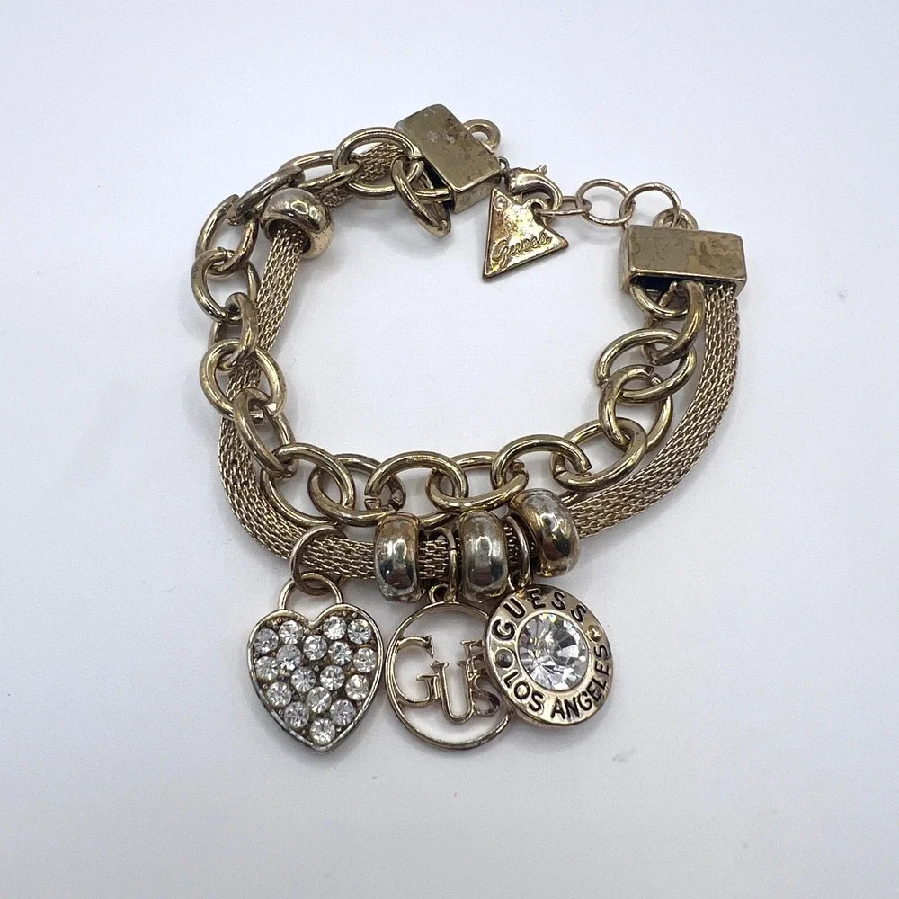 GUESS Gold Tone Charm Bracelet Rhinestone Heart Logo Multi Strand Y2K 7